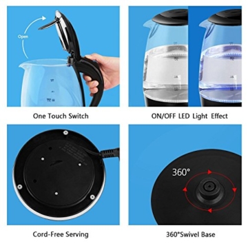 Aigostar Adam 30GOM - Glas Wasserkocher mit LED-Beleuchtung, 2200 Watt, 1,7 Liter, Trockenlaufschutz, BPA frei, schwarz. Exklusives Design - 6
