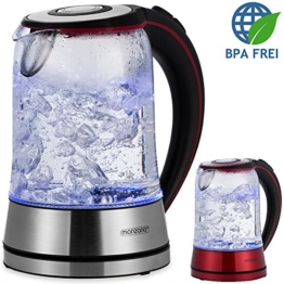 Monzana® Wasserkocher Edelstahl Teekocher Glas • Glas • LED • BPA frei • 1,7 L • kabellos • 2200W rot/schwarz • Überhitzungsschutz • Wasserstandsanzeige - 1