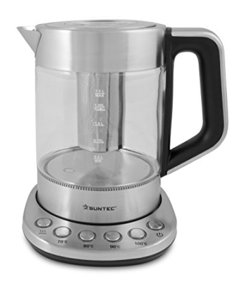 SUNTEC Glas-Tee- & Wasserkocher WAK-8496 tea [Edelstahl-Wasserkocher mit herausnehmbaren Tee-Sieb, Temperaturwahl (70-100°C), Wasserstandanzeige (0,5-1,5 l), Warmhalte-Funktion, max. 2200 Watt] - 2