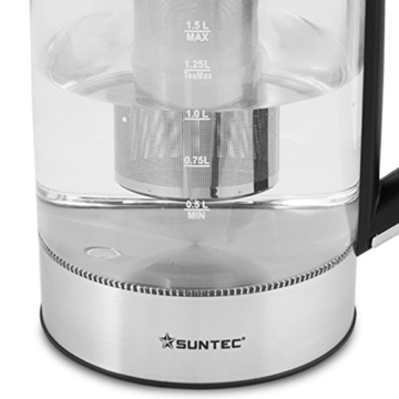 SUNTEC Glas-Tee- & Wasserkocher WAK-8496 tea [Edelstahl-Wasserkocher mit herausnehmbaren Tee-Sieb, Temperaturwahl (70-100°C), Wasserstandanzeige (0,5-1,5 l), Warmhalte-Funktion, max. 2200 Watt] - 6