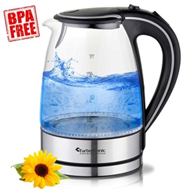 TurboTronic Glas Wasserkocher 1,7 Liter mit Kalkfilter und LED Beleuchtung Blau (innen) BPA Frei, Leistung: 2200 Watt - 5