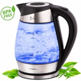 TZS First Austria -1,7L Edelstahl Glaswasserkocher mit Kalk-Filter | blaue LED Beleuchtung-Farbe | Wasserkocher aus Glas | BPA frei | Auto-OFF | 2200 Watt kabellos automatische Deckelöffnung | schwarz - 1