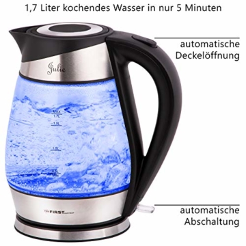 TZS First Austria -1,7L Edelstahl Glaswasserkocher mit Kalk-Filter | blaue LED Beleuchtung-Farbe | Wasserkocher aus Glas | BPA frei | Auto-OFF | 2200 Watt kabellos automatische Deckelöffnung | schwarz - 3