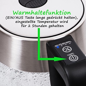TZS First Austria - 2200W 1,8 Liter Glas Wasserkocher Temperatureinstellung 60, 70, 80, 90, 100 °C Warmhaltefunktion BPA frei LED Beleuchtung mit Farbwechsel | Temperatur einstellbar | Temperaturwahl - 3