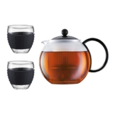 Bodum Assam Set Teekanne mit 2 Gläser 35 cl mit Silikonband, Glas, Schwarz, cm, 24 x 20 x 16.5 cm, 3 Einheiten - 1