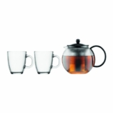 Bodum K1805-01 Assam Set, Teebereiter mit Edelstahlfilter 1 L und 2 Stück Tasse, Glas, 0,35 L, schwarz - 1