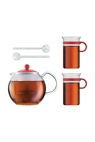 Bodum Teeset Assam - 5-teilig - 1,0l Teebereiter mit 2 0,3 L Glastassen und 2 Kunststofflöffel - Farbe Rot - AK1830-XY-Y16-2 - 1