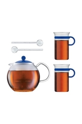 Bodum Teeset Assam - 5-teilig - 1,0l Teebereiter mit 2 0,3 L Glastassen und 2 Kunststofflöffel - Farbe Blau - AK1830-XY-Y16-4 - 1