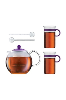 Bodum Teeset Assam 5-teilig - 1,0l Teebereiter mit 2 0,3 L Glastassen und 2 Kunststofflöffel - Farbe violett - AK1830-XY-Y16-1 - 1