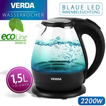 Wasserkocher Verda 1,5L 2200W Kalkfilter LED Beleuchtung Kabelloss Glas SN0615L - 5