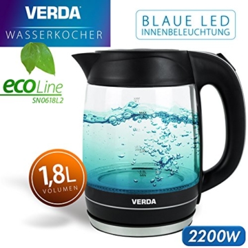 Wasserkocher Verda 1,8L 2200W Kalkfilter LED Beleuchtung Kabelloss Glas SN0618L2 - 8